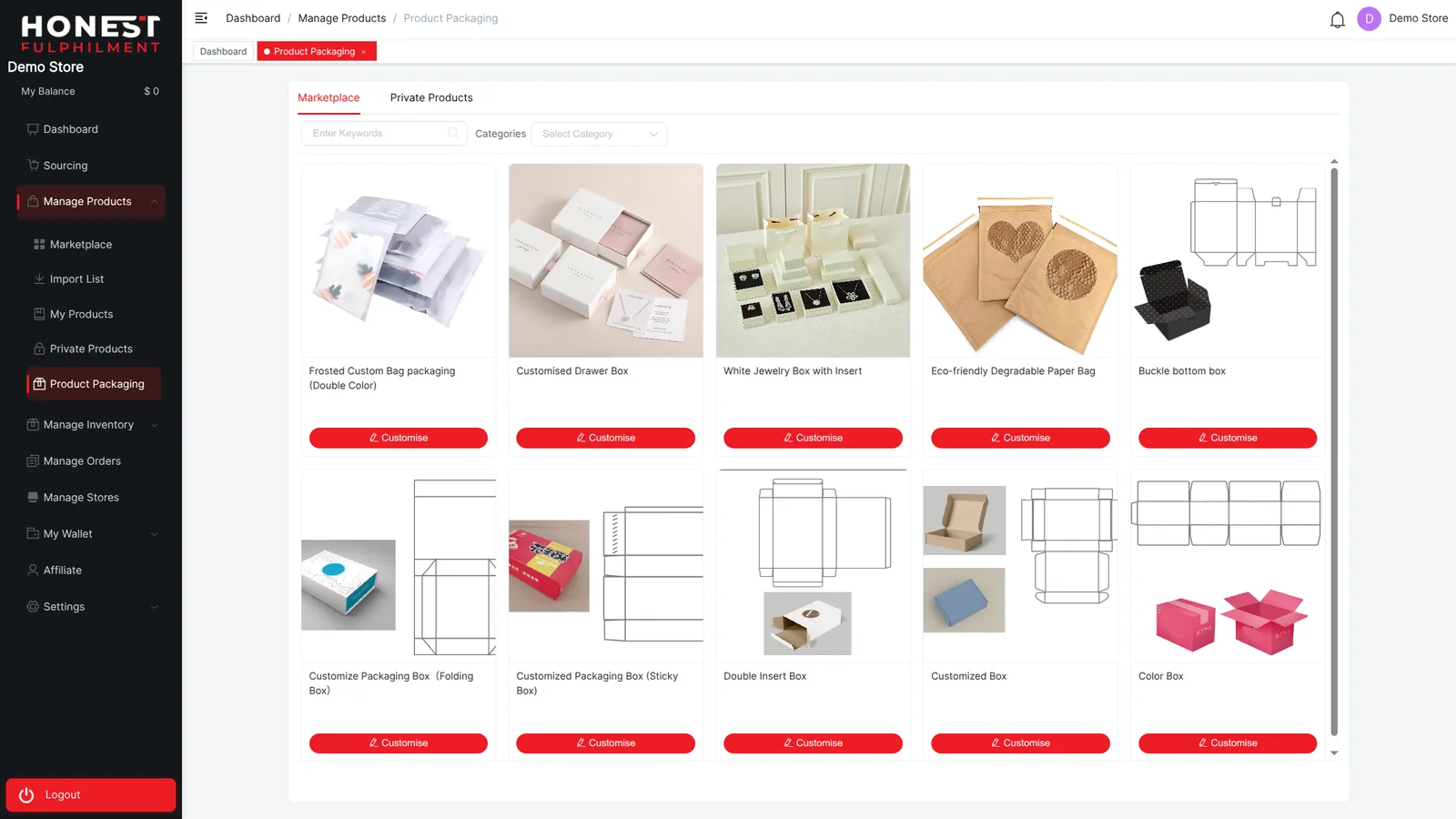 Custom packaging catalog in the app: frosted bags, drawer boxes, mailers and printed boxes