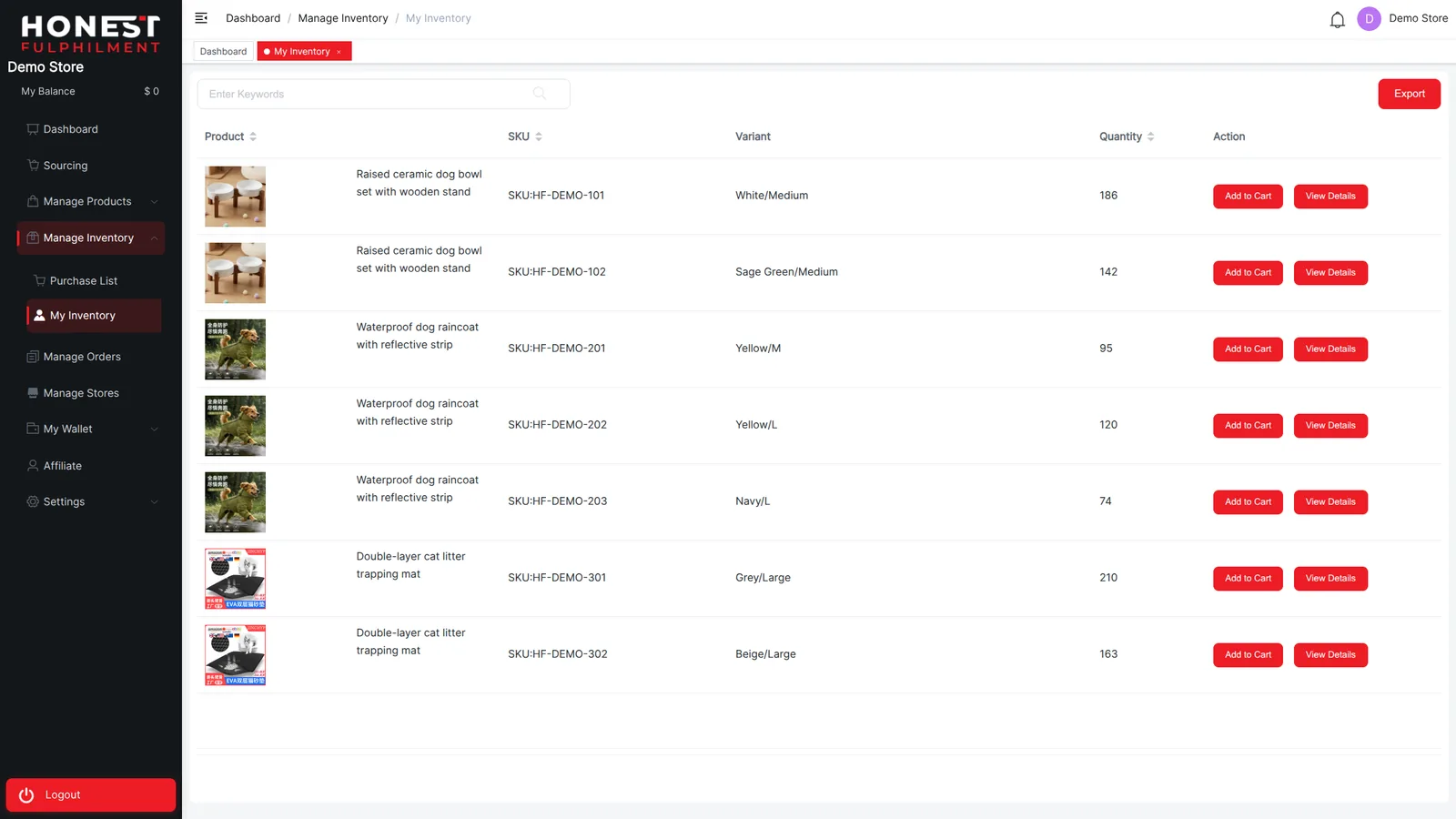 Inventory held at the Honest FulPhilment warehouse, listed by SKU and variant with quantities