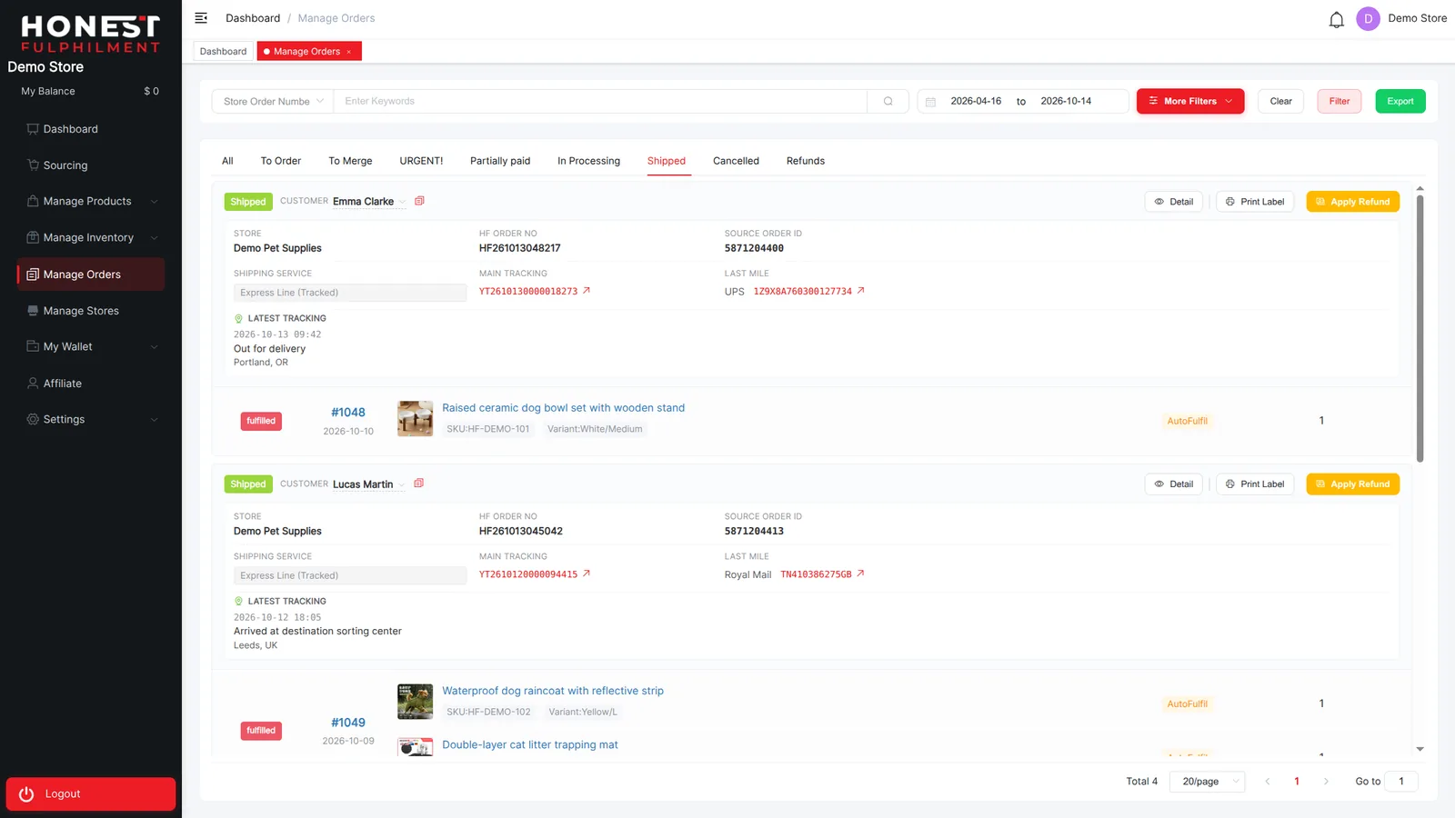 Shipped Shopify orders in the Honest FulPhilment app with main tracking, last-mile carrier and latest tracking event