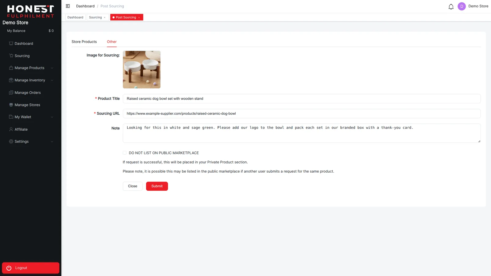 Sourcing request form in the Honest FulPhilment app with product photo, title, supplier URL and branding notes