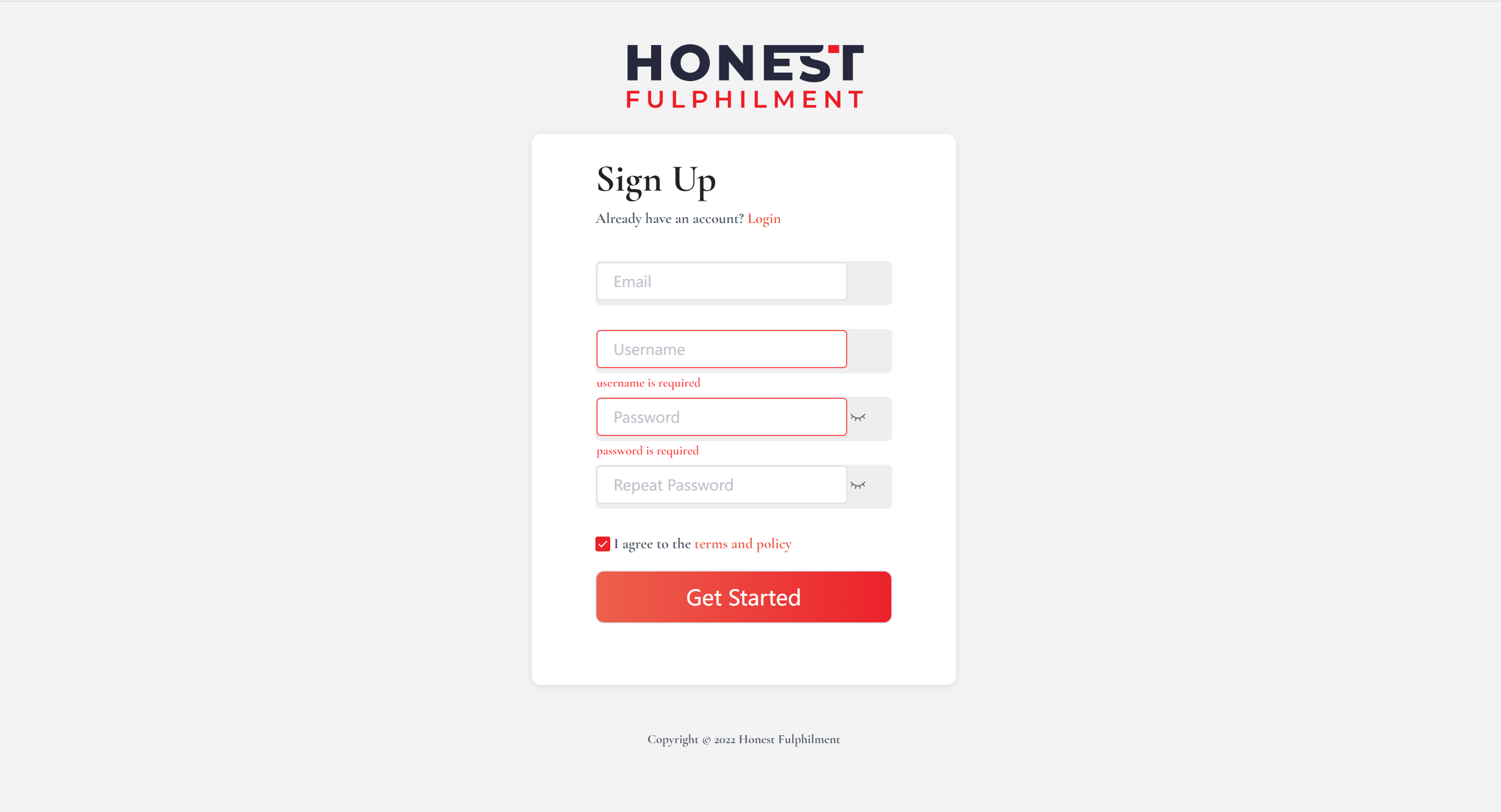  Sign up and log in Honest Fulphilment APP